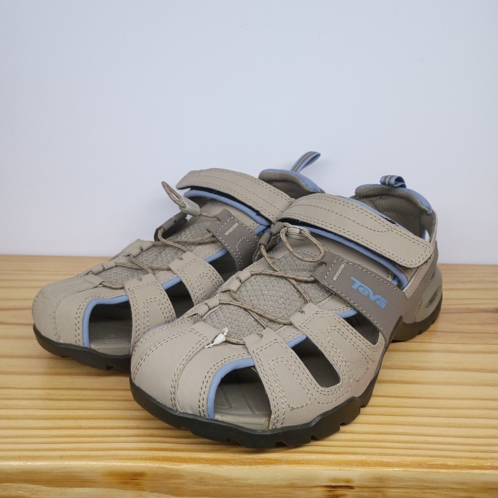 Teva Forebay Womens 9 Sport Hiking Sandals Tan Blue Closed Toe Water Shoes
